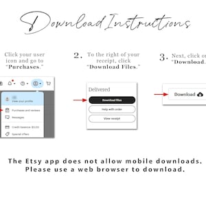 Op de afbeelding: Witte afbeelding met instructies voor het downloaden van bestanden van Etsy. De stappen zijn: klik op het gebruikerspictogram, ga naar aankopen en klik op "Bestanden downloaden". De tekst vermeldt ook dat mobiele downloads niet zijn toegestaan.