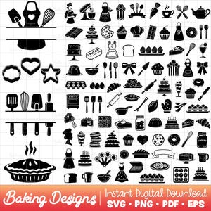 Può includere: Una collezione di illustrazioni in bianco e nero a tema panificazione. Include grembiuli, fruste, mixer, torte, biscotti, torte e altri utensili da cucina. Il testo "Baking Designs" e "Instant Digital Download" è in basso.