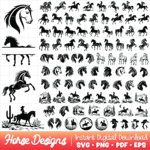 May include: A selection of black horse designs in diverse poses and styles. Includes silhouettes of horses running, jumping, and with riders. Also features horse heads, and western-themed illustrations. The text "Horse Designs" is displayed in a red banner.