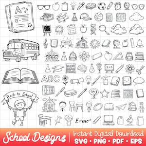 May include: Black and white line art illustrations of school-related items. Includes a school bus, open book, apple, pencil, and a banner that says "Back to School". The words "School Designs" are at the bottom.
