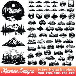Paquete SVG de montaña, PNG de montaña, imágenes prediseñadas de naturaleza, aire libre, acampada, amanecer, atardecer, luna, sol, estrellas, nubes, lago, bosque, pinos, verano, ciervos