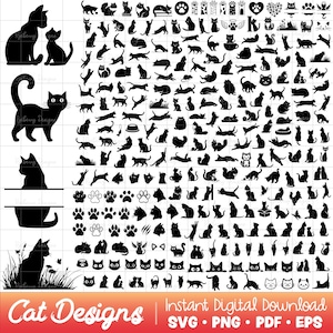 Puede incluir: Una colección de siluetas de gatos negros en varias poses, como sentados, de pie y saltando. La imagen también presenta huellas de patas de gato y el texto "Cat Designs" y "Instant Digital Download".