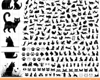 Pacote de SVGs de Gatos, Clipart PNG de Silhueta de Gato, SVGs de Patas, Ilustração de Pata de Gato, SVG de Pata em Formato de Coração, Monograma de Gato com Nome Dividido, Vetor de Gatinho Dormindo