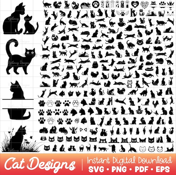 Cat SVG Bundle, Cat Silhouette PNG Clipart, Paw SVGs, Cat Paw Illustration, Paw Heart SVG, Cat Monogram Name Split, Sleeping Kitten Vector