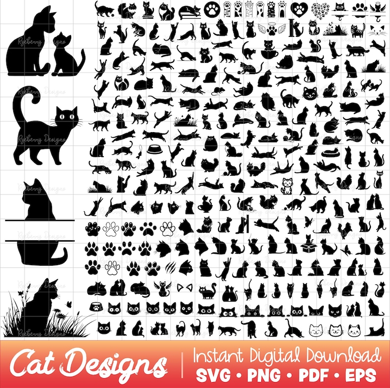 Op de afbeelding: Een verzameling zwarte kat silhouetten in verschillende poses, zoals zitten, staan en springen. De afbeelding bevat ook kattenpootafdrukken en de tekst "Cat Designs" en "Instant Digital Download".