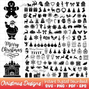 Puede incluir: Elementos de diseño digital navideños en blanco y negro. Incluye a Papá Noel, hombre de jengibre, árboles de Navidad, adornos, copos de nieve y los textos "Merry Christmas" y "Happy Holidays".