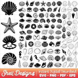 Op de afbeelding: Een verzameling zwart-wit vectorillustraties met diverse schelpen, zeesterren, zeepaardjes en koraalformaties gerangschikt in een raster, met de tekst Shell Designs Instant Digital Download SVG PNG PDF EPS onderaan de afbeelding.
