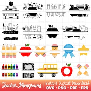 May include: A collection of teacher-themed monograms in black and white, featuring school supplies like pencils, apples, books, and a school bus. The image includes the text "Teacher Monograms" and "Instant Digital Download".