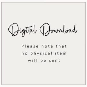 Op de afbeelding: Cr&egrave;mekleurige achtergrond met de woorden "Digital Download" in een cursief lettertype. Daaronder staat de tekst: "Let op: er wordt geen fysiek item verzonden." De tekst is zwart.