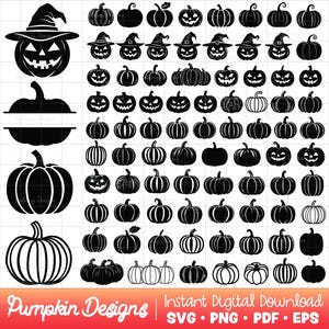Può includere: Disegni di zucche in bianco e nero in vari stili, tra cui jack-o'-lantern con cappelli da strega e forme di zucca tradizionali. L'immagine include il testo "Pumpkin Designs" e "Instant Digital Download".