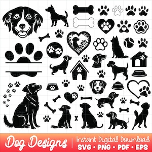以下が含まれることがあります： 黒と白の犬をテーマにしたデジタルデザイン。犬のシルエット、足跡、骨、ハート、犬小屋が含まれています。下部のテキストは「Dog Designs」と「Instant Digital Download」です。