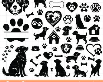 May include: A collection of black and white dog-themed digital designs. Features dog silhouettes, paw prints, bones, hearts, and dog houses. The text at the bottom reads "Dog Designs" and "Instant Digital Download".