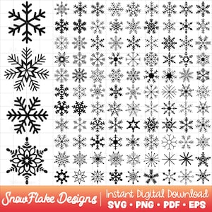 Puede incluir: Una colección de diseños de copos de nieve negros en varios estilos y tamaños. La imagen incluye el texto "Snowflake Designs" y "Instant Digital Download" con opciones de tipo de archivo: SVG, PNG, PDF y EPS.