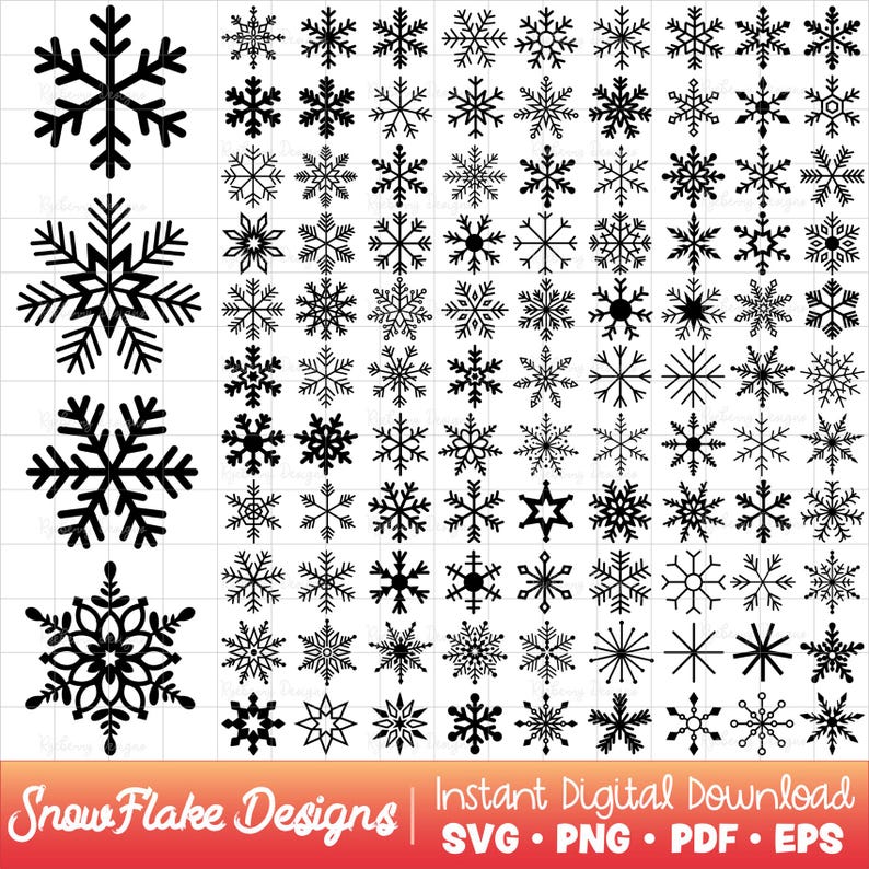 Op de afbeelding: Een verzameling zwarte sneeuwvlokontwerpen in verschillende stijlen en maten. De afbeelding bevat de tekst "Snowflake Designs" en "Instant Digital Download" met bestandstype-opties: SVG, PNG, PDF en EPS.