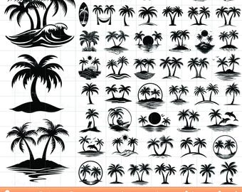 Palmboom SVG-bundel, palmbomen png-bestanden, surfen SVG, strand clipart, golven SVG, oceaan zonsopgang zonsondergang zon dolfijn water zomer tropische surfer