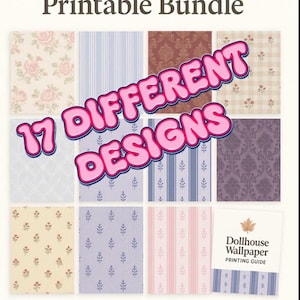 Puede incluir: Un paquete imprimible de papel pintado para casas de muñecas con 17 diseños diferentes. Los diseños incluyen opciones florales, a rayas y estampadas en varios colores. El paquete es a escala 1:12 e incluye tamaños A4 y Carta. El texto dice "Dollhouse Wallpaper Printable Bundle".