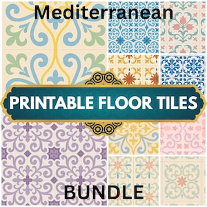 May include: A bundle of printable floor tiles with a Mediterranean design. The tiles feature various patterns in shades of blue, yellow, green, purple, and pink. The text "Printable Floor Tiles Bundle" is displayed on a teal banner.