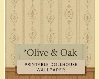 Olive & Oak – Printable Dollhouse Wallpaper | 1:12 Scale Vintage Floral with Wood Panel | Digital Download | Miniature Wall Decor