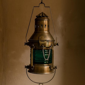 Copper Nautical Lantern with Green Glass – Vintage Ship Lamp for Home & Maritime Decor