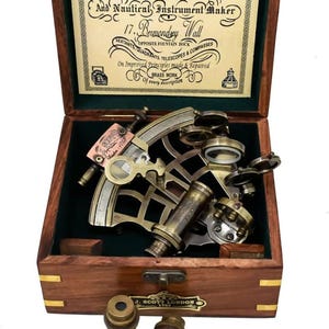 Handgemaakte J. Scott messing nautische sextant en astrolabium met dubbele telescopen in houten kist • Scheepsnavigatie-instrument • Verjaardagscadeau