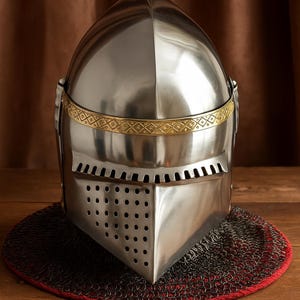 Handmade Medieval Knight Helmet: Full Steel Armor with Brass Trim