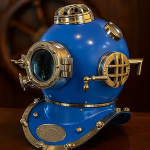 Blue Deep Sea Diving Helmet: Vintage Nautical Decor Replica