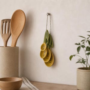May include: A set of yellow measuring spoons hanging on a wall. The spoons are labelled with measurements like "1/2 TSP" and "1 TBS". A wooden spoon and spatula are in a beige container. A wooden bowl and plant are also in the image.