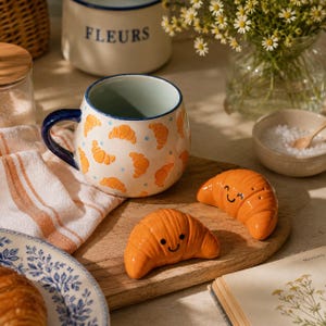 May include: A ceramic mug with a cream-coloured base, a dark blue handle, and a repeating pattern of orange croissants and small blue dots. Two matching orange croissant-shaped ceramic shakers with smiling faces are positioned in front of the mug.