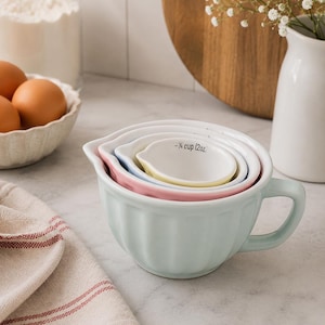 May include: A set of pastel ceramic measuring cups nested together. The largest cup is light blue, with a handle. Smaller cups are pink, yellow, and white. The smallest cup has the text "-¼ cup (2oz)".