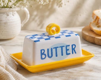 Ceramic Butter Dish with Lid – Yellow & Blue Farmhouse Butter Keeper | Vintage Style Kitchen Storage | Butter Container | Cottagecore Kitche