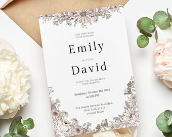 Boho Rustic Flower Wedding Invitation Template | Editable Printable Wedding Invite | Floral Wedding Invitation | Instant Download