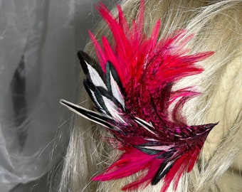 Red Black and White Feather Hair Clips,Feather Fascinators,Red Feather Accessories, Red Feather Barrettes,Boho Clips