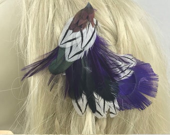 Bright Purple and White Feather Hair Clip, Purple and White Feather Fascinator, Burning Man, Boho feather hair piece, purple barrette