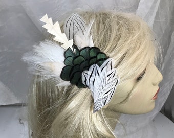 Ivory White Feather Hair Flower Clip, Brooch Pin and Pony  display picture 1