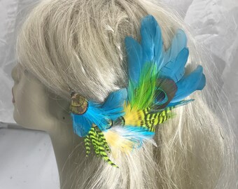 Pastel Aqua and White Feather Hair Clip, Tourquise and White make this Hair Clip Rock! Bohemian feather hair accessory, Exotic Flowing Clip