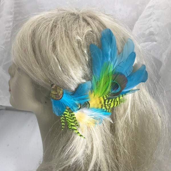 Pastel Aqua and White Feather Hair Clip, Tourquise and White make this Hair Clip Rock! Bohemian feather hair accessory, Exotic Flowing Clip