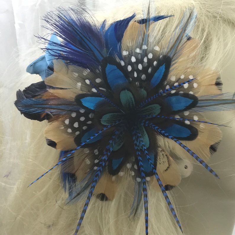 Blue Feather Fascinator,Pheasant Flower Feather Clip,Boho Feather Accessory,Striking Feather Flower Accessory,Feather Flower Hair Clip