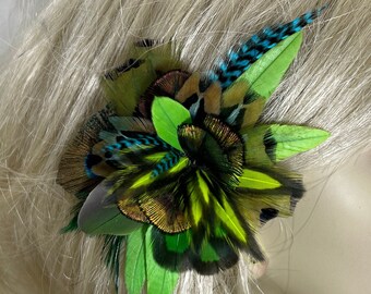 Green Feather Flower, Feather Fascinator, Wearable in hat or Hair, Cosplay, Party Wear, Feather Flower Hairclip