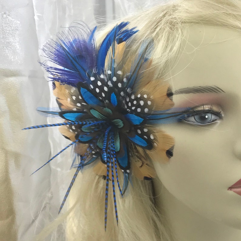 Blue Feather Fascinator,Pheasant Flower Feather Clip,Boho Feather Accessory,Striking Feather Flower Accessory,Feather Flower Hair Clip
