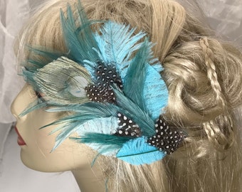 Tourquise Feather Hair Clip, Large feather hair clip, tourquise feather fascinator, Festival feathers