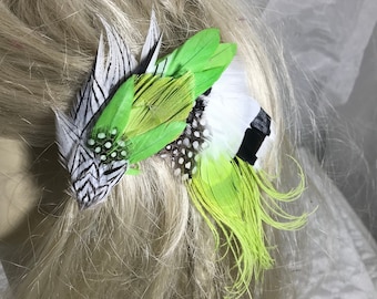 Chartreuse Green Feather Flower Fascinator, Bright Green Feather Hair Clip,  Feather Accessory for hat or Hair