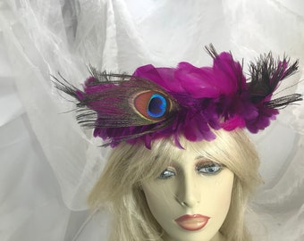 Fuchsia and Peacock Feather Crown,  Woodland Feather Crown., Fairy Feather Crown