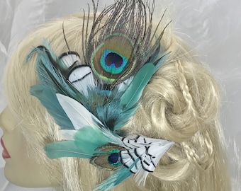 Turquoise Peacock Feather Clip Fascinator, Peacock Hair Clip, Feather Festival Hair Accessory, Gold and Green Barrette