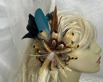 Russet Feather Flower, Autumn Colored Feather Fascinator, Cosplay , Gold and Natural Feather Flower Hair Clip, Clip for Hat, Hair, Lapel