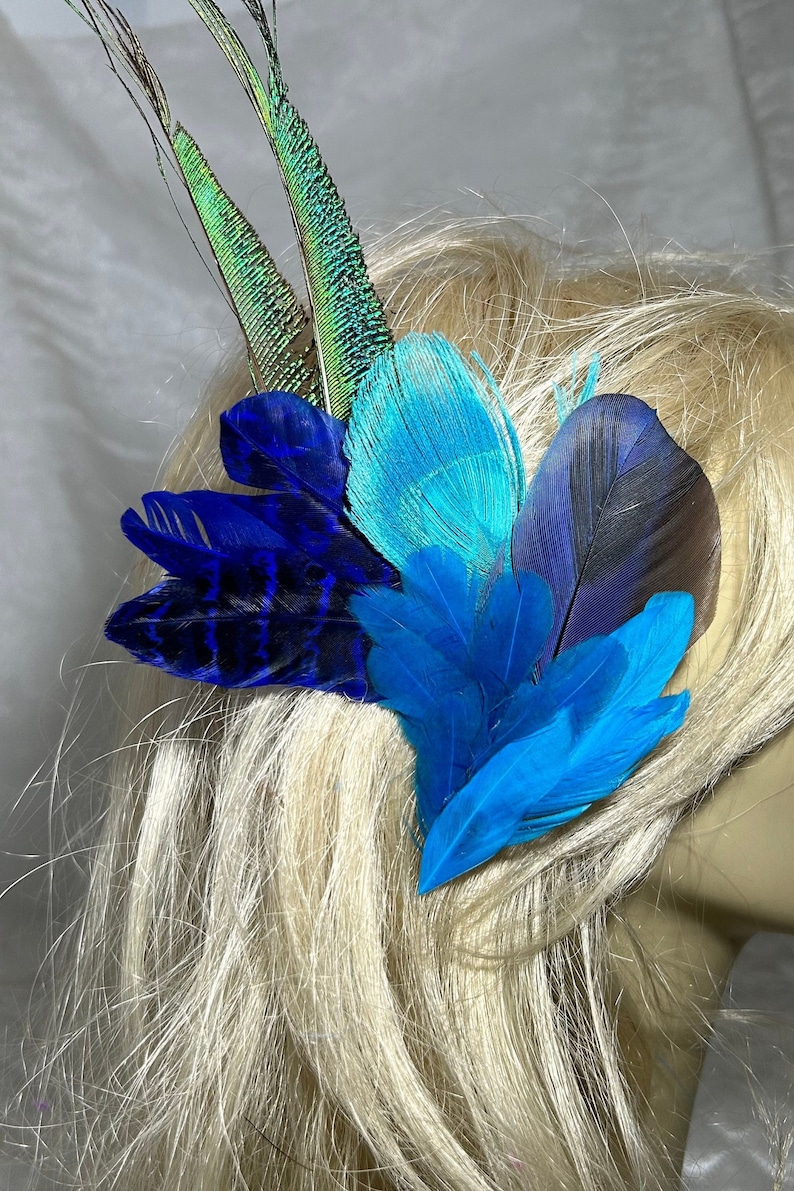 Bright blue feather hair clip, Peacock Feather Fascinator,Blue feather barrette,blue hair or hat clip, Boho, Festival image 1