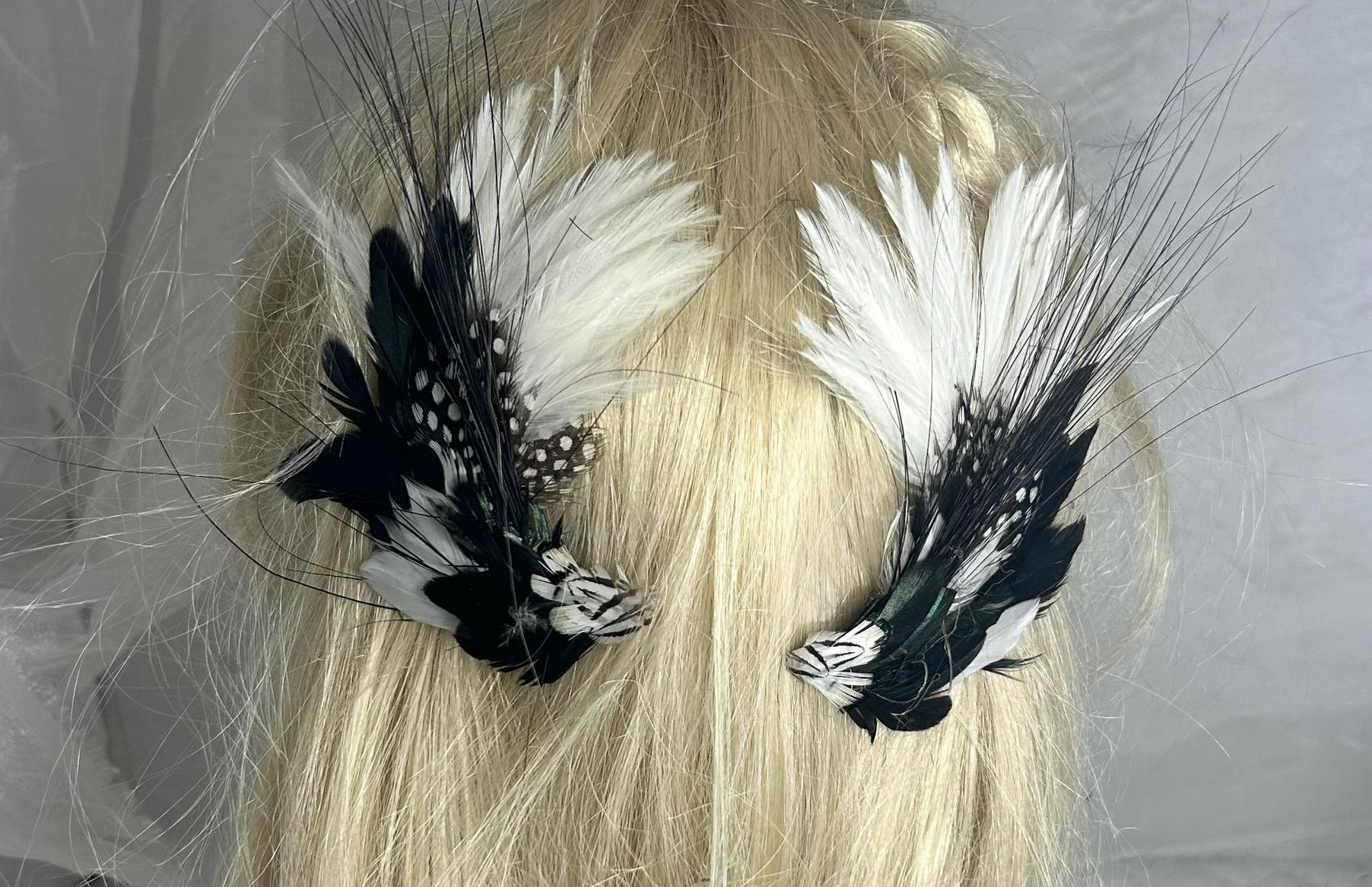 Black & White Feather Fascinator Hair Clip. Handmade in the USA. Fascinator Hat, off White Net and Lace Flowers and Leaves  main image 4