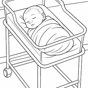 May include: Black and white illustration of a newborn baby sleeping peacefully in a hospital bassinet. The baby is wrapped in a blanket and resting on a pillow. The bassinet is on wheels.