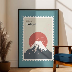 Tokyo Japan Wall Art - Minimalistisches Poster mit dem Berg Fuji, Kirschblüten-Sonnen-Kunst, japanische Reise-Dekoration, moderne Vintage Fusion-Stempelkunst