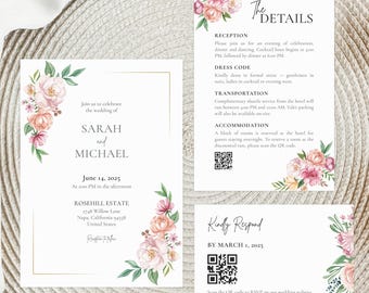 Blush Floral Wedding Invitation Set (Editable Canva Template)