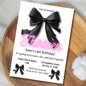 Black Bow 13th Birthday Invitation: Editable Canva Template (Digital Download)